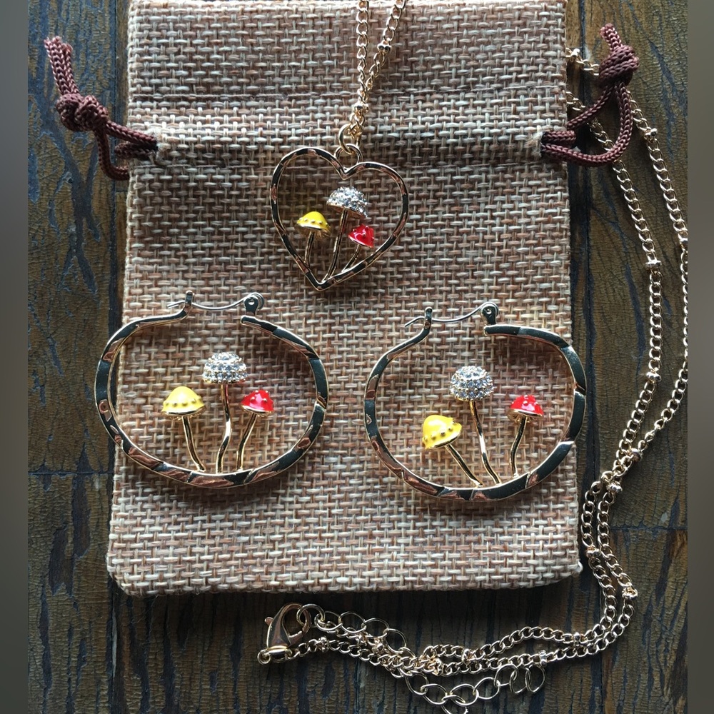 Brand New Gold Mushroom Necklace and Mushroom Hoop Earrings Gift for Girfriend